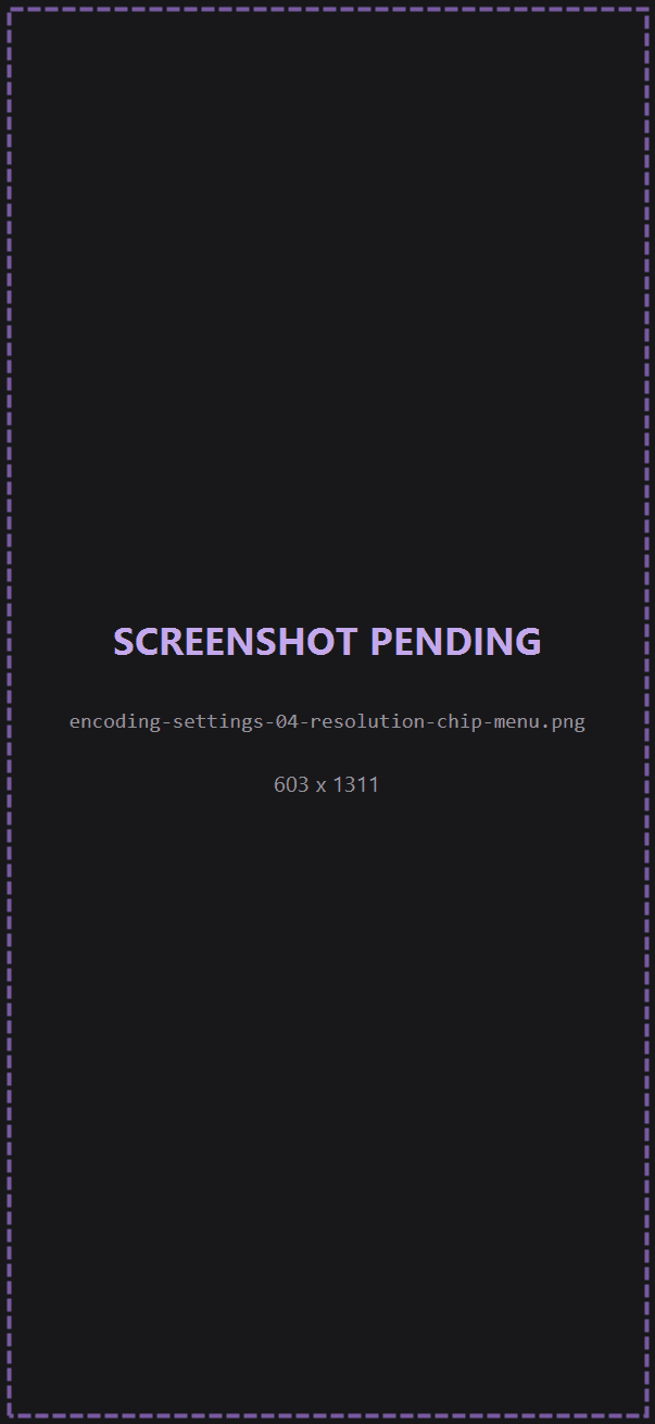 Resolution Limit menu open from the HUD chip, listing Source through 240p with 720p marked Recommended