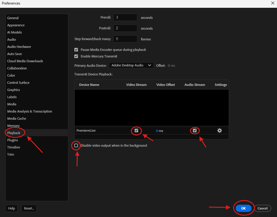 Premiere Playback settings